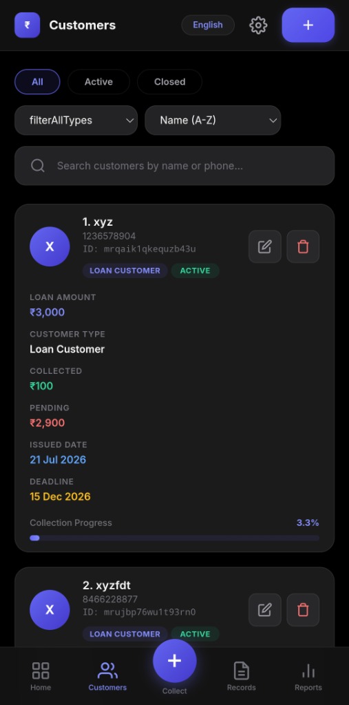 Pigmie Customer List showing loan details and collection progress